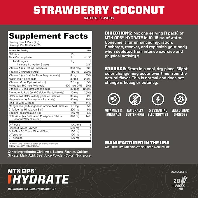 MTN OPS Hydrate Electrolytes Powder Drink Mix, 20 Single Serving On-The-Go Electrolyte Packs with