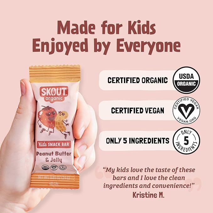 Skout Organic Peanut Butter & Jelly Real Food Bars for Kids (18 Pack) | Organic Snacks for Kids |