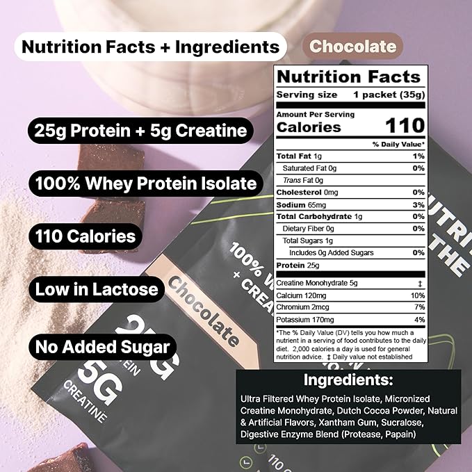 Travel Whey Protein Isolate Packets ??Single-Serve Protein Powder ??25g Protein + 5g Creatine