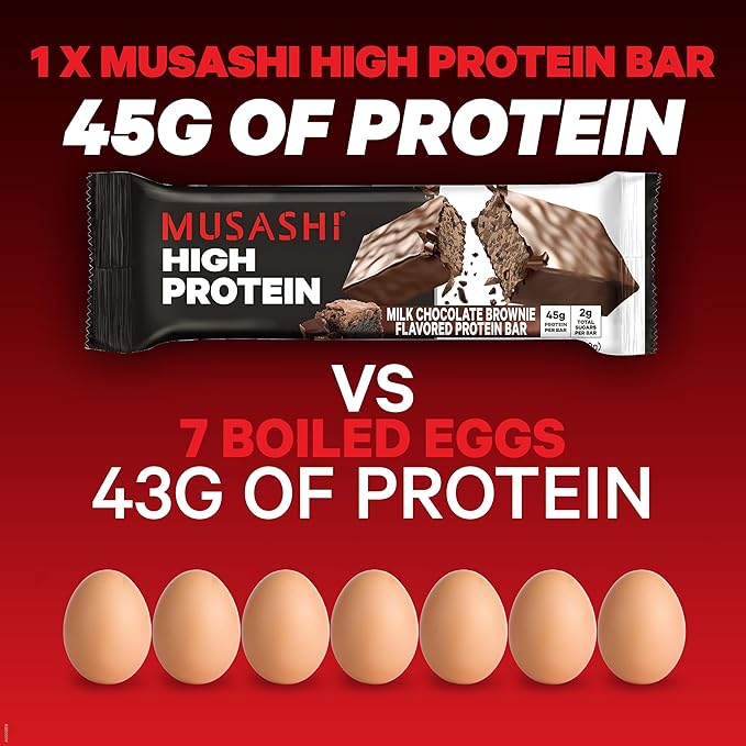 MUSASHI High Protein Bar, 45g Protein, 2g Total Sugars, Milk Chocolate Brownie, Post Workout and