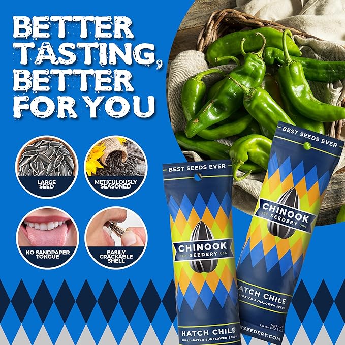 Chinook Seedery Roasted Sunflower Seeds to Eat - 1.5 oz (Pack of 36) Hatch Green Chile - Jumbo Low