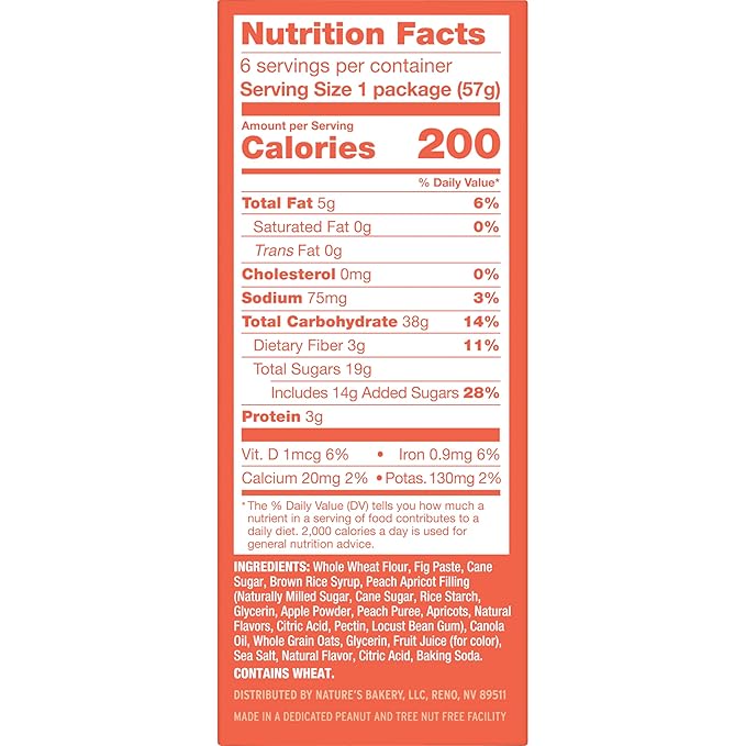 Nature's Bakery Whole Wheat Fig Bars, Peach Apricot, Real Fruit, Vegan, Non-GMO, Snack bar, 6 Count