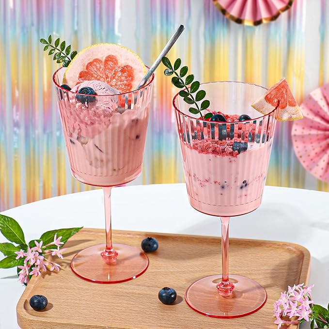 48 PCS Pink Plastic Wine Glasses with Removable Stems 13.5 Oz Pink Ribbed Wine Glasses Square White