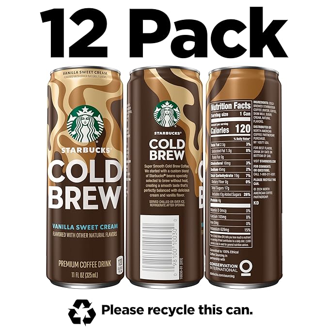 Starbucks Cold Brew Coffee, Vanilla Sweet Cream, 11 fl oz Cans (12 Pack), Premium Coffee Drink