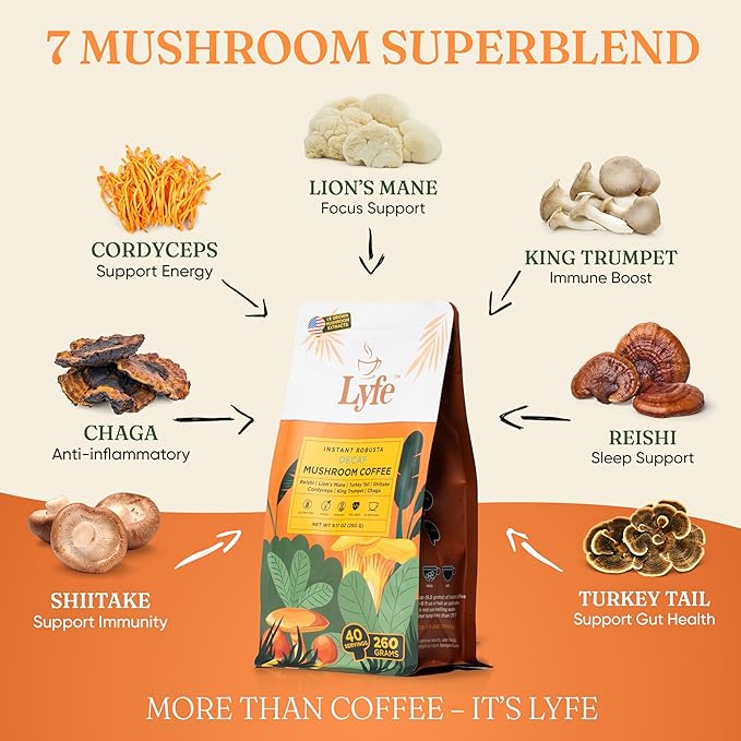 LYFE Organic Instant Decaf Mushroom Coffee ??Lion?™s Mane, Chaga, Cordyceps, Turkey Tail | USA