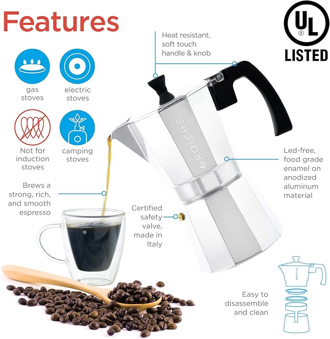 GROSCHE Milano Stovetop Espresso Maker Moka Pot 6 espresso Cup - 9.3 oz, Silver - Cuban Coffee
