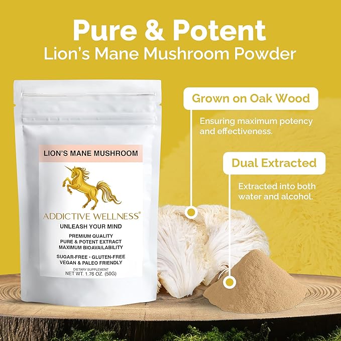 Addictive Wellness Lions Mane Supplement Powder, Premium Quality Lions Mane Mushroom Powder