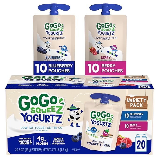 GoGo squeeZ yogurtZ Variety Pack, Blueberry & Berry, 3 oz (Pack of 20), Kids Snacks Made from Real