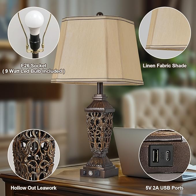 AIDENOEY 27.5“ Farmhouses Table Lamp with USB & USB-C Charging Ports, 3-Color Dimmable & Stepless
