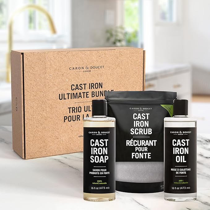 CARON & DOUCET ??Ultimate Cast Iron Set PLUS: Seasoning Oil, Cleaning Soap & Restoring Scrub | 100%