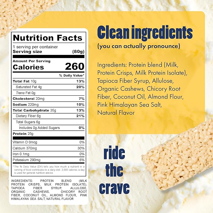 25g Protein Bar Crispy Rice Treat Vanilla | Clean Ingredients, No Added Sugar, 7g Fiber, Gluten