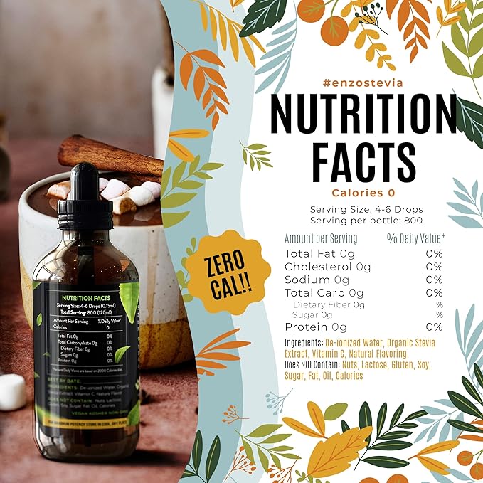 Enzo Liquid Stevia Drops Our Zero Calories Sweetener (4oz - 800 Servings/Bottle) - Cinnamon - All