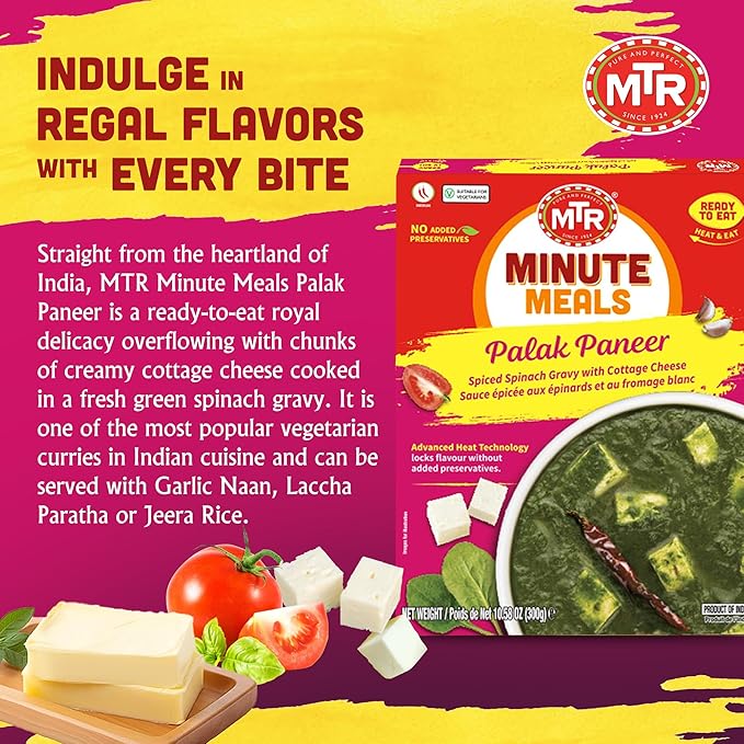 MTR - Minute Meals: Palak Paneer - Spiced Spinach Gravy with Cottage Cheese - Tasty Indian Meal