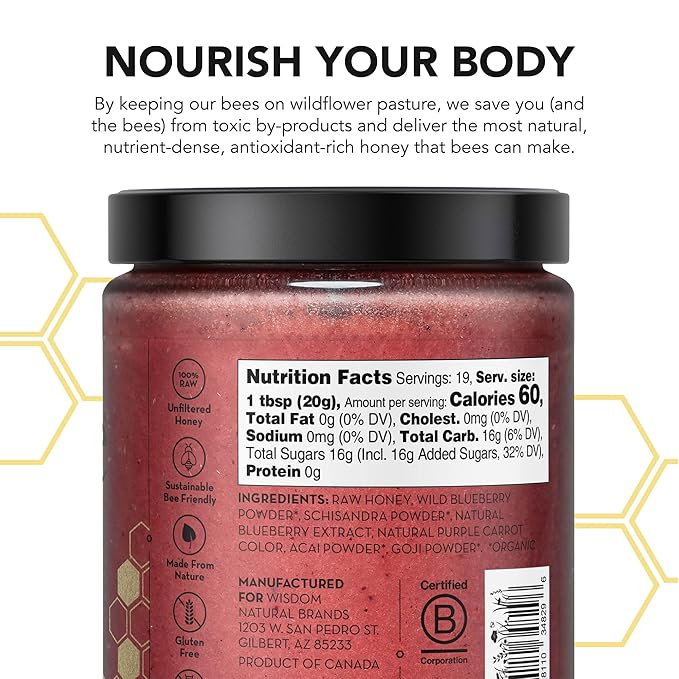 Drizzle Berry Bliss Raw Honey - All Natural Pure Raw Honey with Organic Blueberry, Unfiltered &