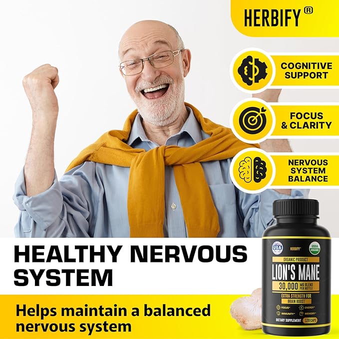 HERBIFY Lions Mane Supplement - Daily Mushroom Supplement for Memory, Focus & Clarity - Brain
