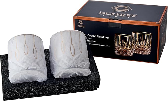 Gold Rim Whiskey Glasses Set of 2,Crystal Old Fashioned Glasses-Luxury Gold Collection,Perfect for