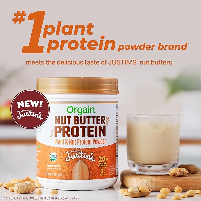 Orgain X Justin's ì§?Organic Vegan Nut Butter Protein Powder, Peanut Butter- 20g Plant Protein, 2g