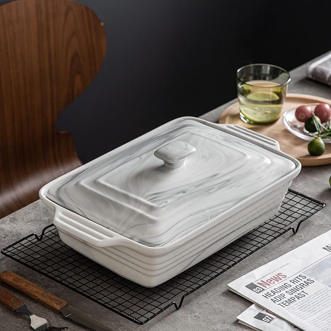 MALACASA Large Casserole Dish with Lid, 4.4 Quart Ceramic Baking Dish for Oven, 13 x 9 Lasagna Pan