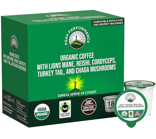 Organic Mushroom Coffee Pods with Lion's Mane, Reishi, Cordyceps, Turkey Tail, and Chaga Mushrooms.