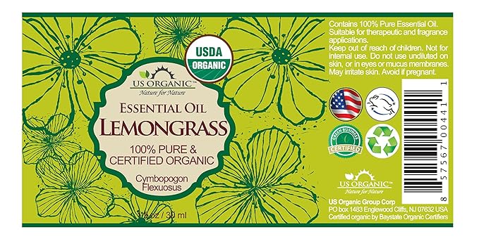 US Organic 100% Pure Lemongrass Essential Oil, USDA Certified Organic, Extracted by Steam