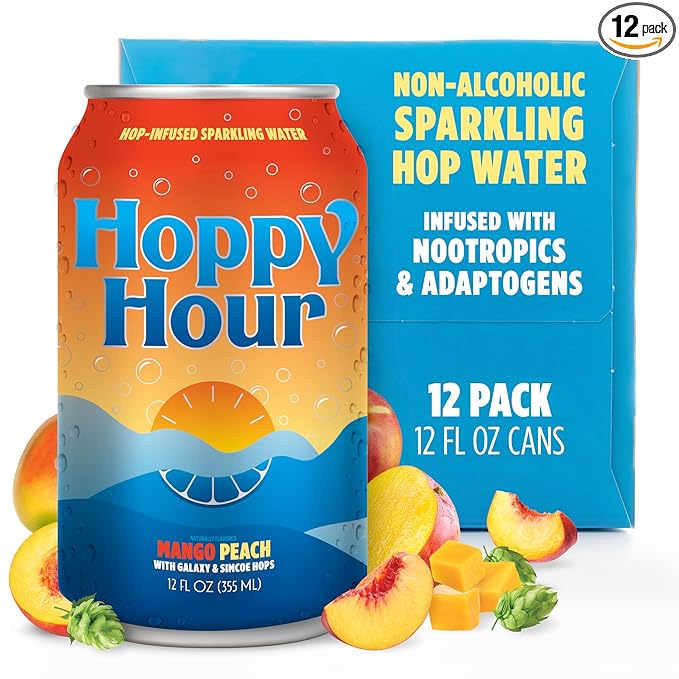 Hoppy Hour Sparkling Hop Water, Non-Alcoholic and Adaptogens Drink, Zero Sugar and Calories, Tasty