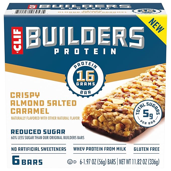 CLIF BUILDERS Protein Bars - Crispy Almond Salted Caramel - Reduced Sugar - Gluten Free - 16g