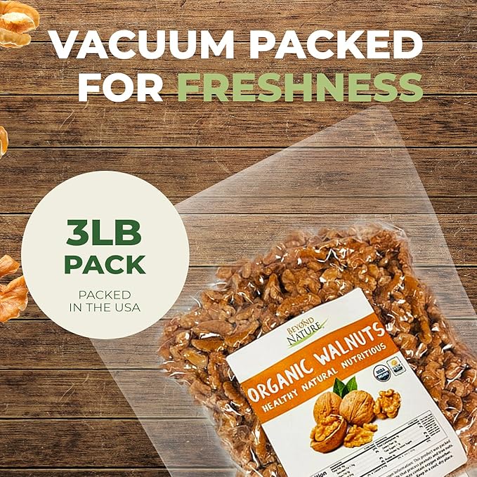 Beyond Nature Organic Raw Walnuts ??Unsalted 3 Pound (48 oz) Vacuum Sealed, Non GMO, No Salt, Low