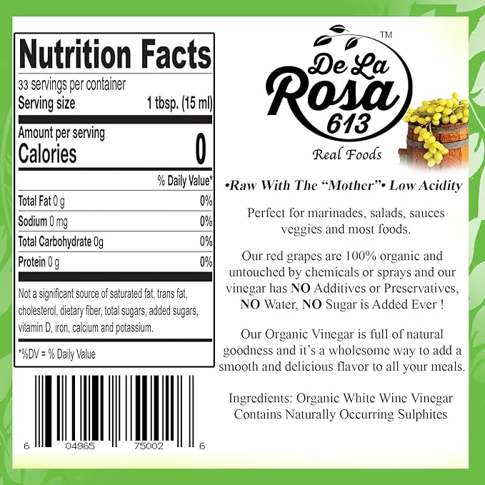 De La Rosa Organic Red & White Wine Vinegar, Raw & Unfiltered, with the “Mother”, Kosher for