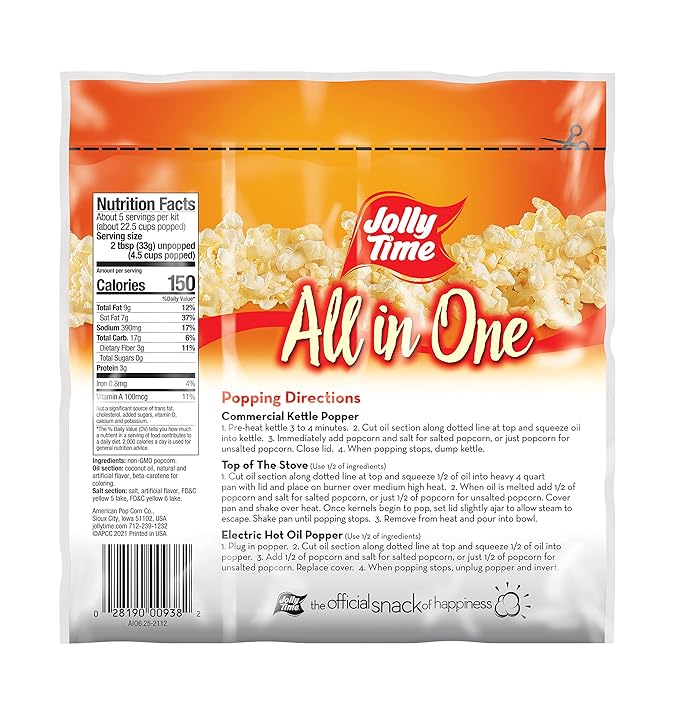JOLLY TIME All in One Popcorn Kit, Portion Packets with Kernels, Oil and Salt for Movie Theater or