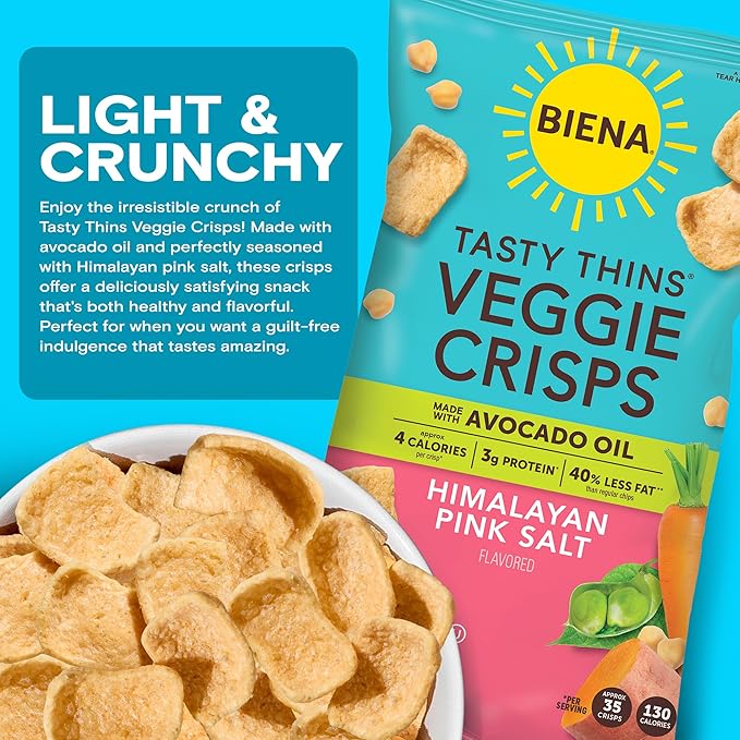 BIENA Tasty Thins Veggie Crisps - Made with Avocado Oil - Low Calorie Veggie Chips for Adults and