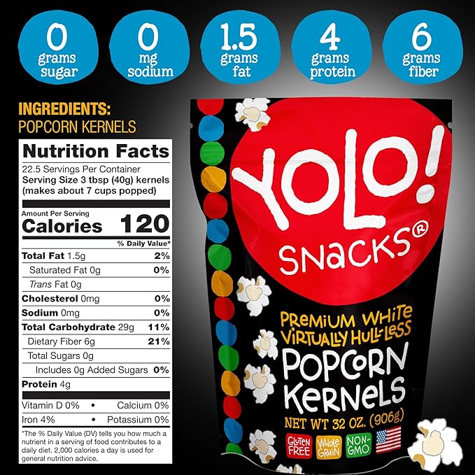 YOLO! Gourmet Virtually Hulless Popcorn Kernels, Premium White Butterfly Popping Corn, Non GMO
