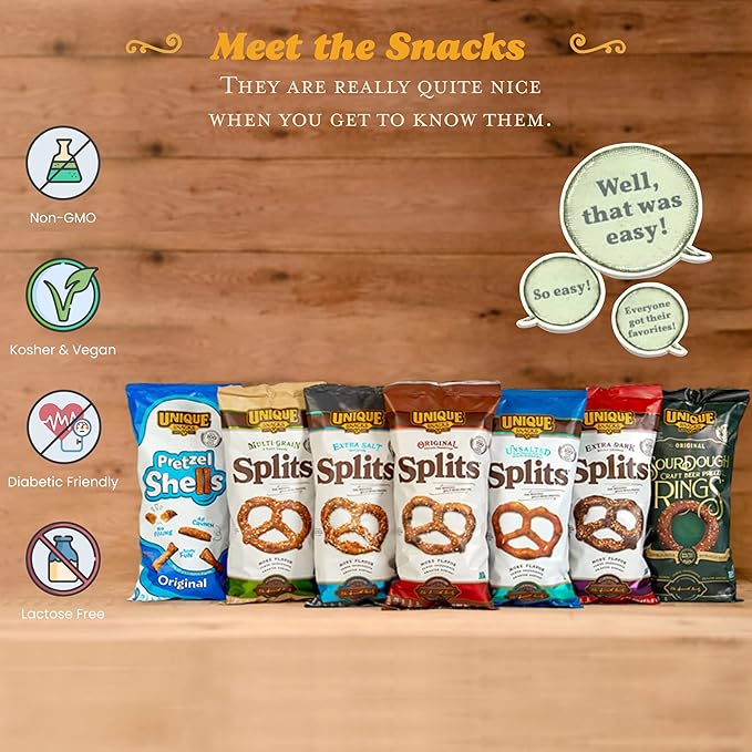 Unique Snacks- Unsalted Splits Pretzels, Homestyle Baked, Certified OU Kosher and non-GMO, 11 oz