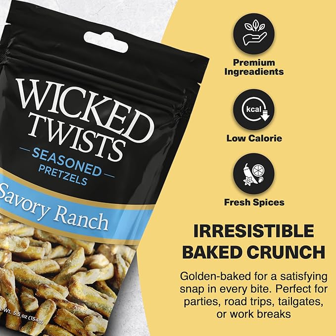 Wicked Twists Savory Ranch Seasoned Pretzels Twists 5.5 oz (1 Pack) Snack Pretzel Sticks Rods, Bold