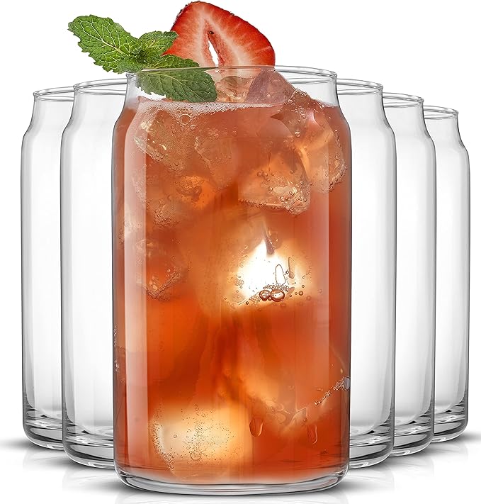JoyJolt Drinking Glass Cups Set of 6-16oz Beer Can Glasses. Clear Soda Can Shaped Glass Cups, Cute