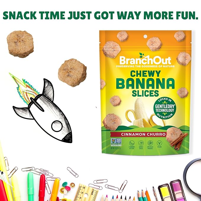 BranchOut Cinnamon Churro Banana Slices, Chewy & Full of Flavor, GentleDry, Better than Freeze