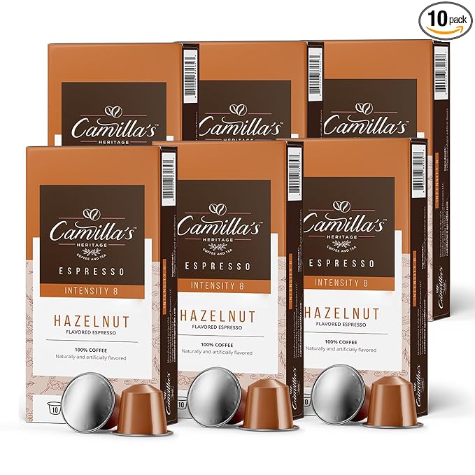 Camilla’s Heritage - Intensity 8 Hazelnut Flavored Espresso Coffee, Gourmet Espresso Cups, 60