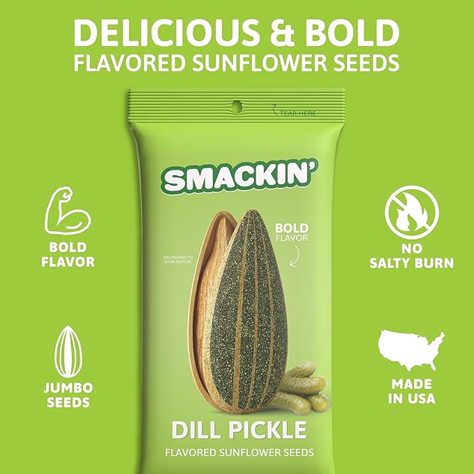 SMACKIN' Sunflower Seeds, Roasted Jumbo Small-Batch, American Made - Dill Pickle. 1.5oz bags (6