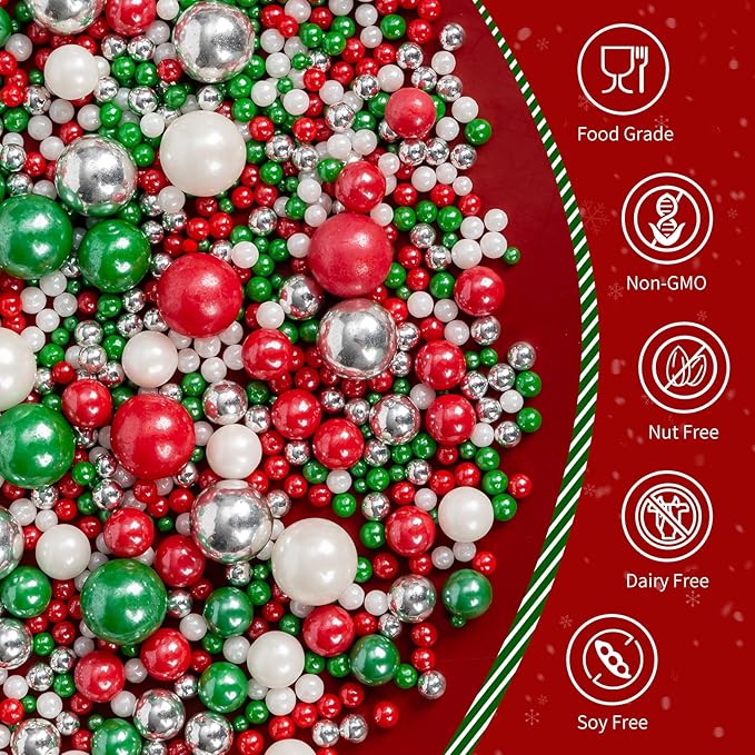 Christmas Sprinkles Pearls for Cake Decorating,130g Red Green White and Silver Pearl Mixed,Edible