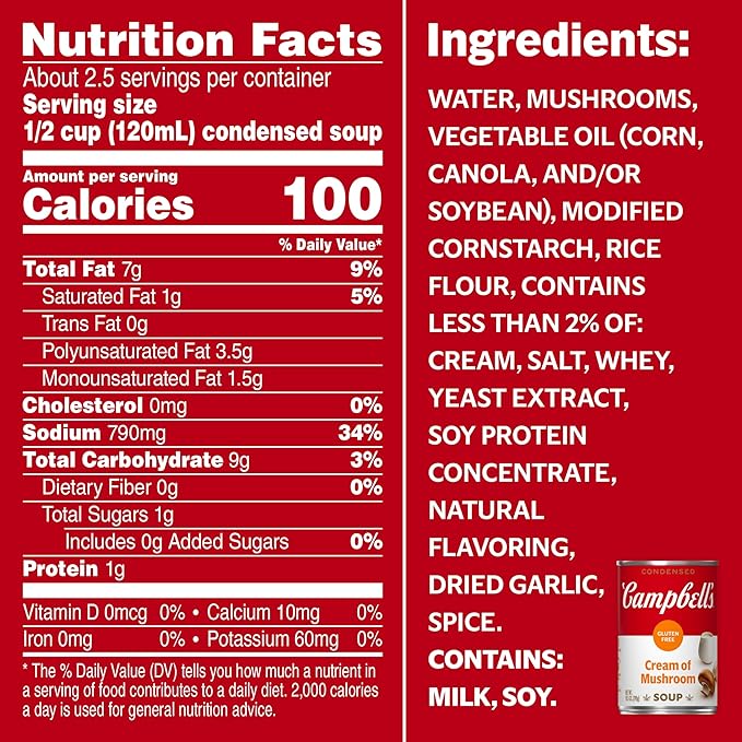 Campbell's Condensed Gluten Free Cream of Mushroom Soup, 10.5 oz Can (12 Pack)