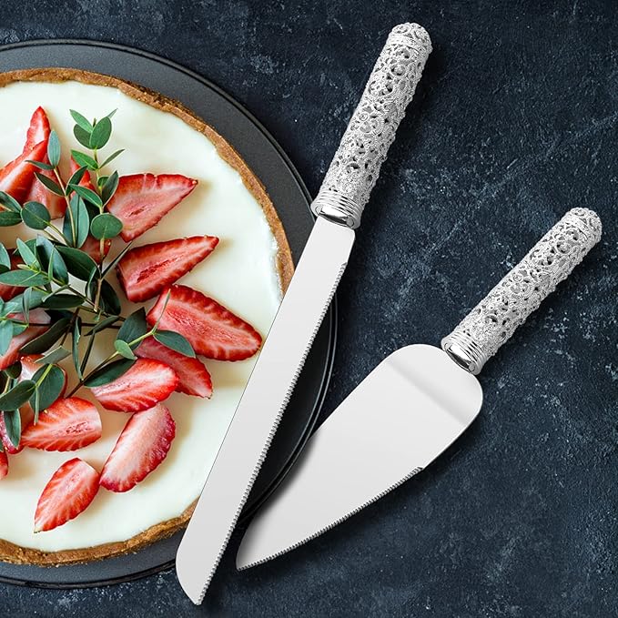 Wedding Silver Cake Knife and Server Set - 2 Pcs Dessert Set Metal Handle with Crystal Stones