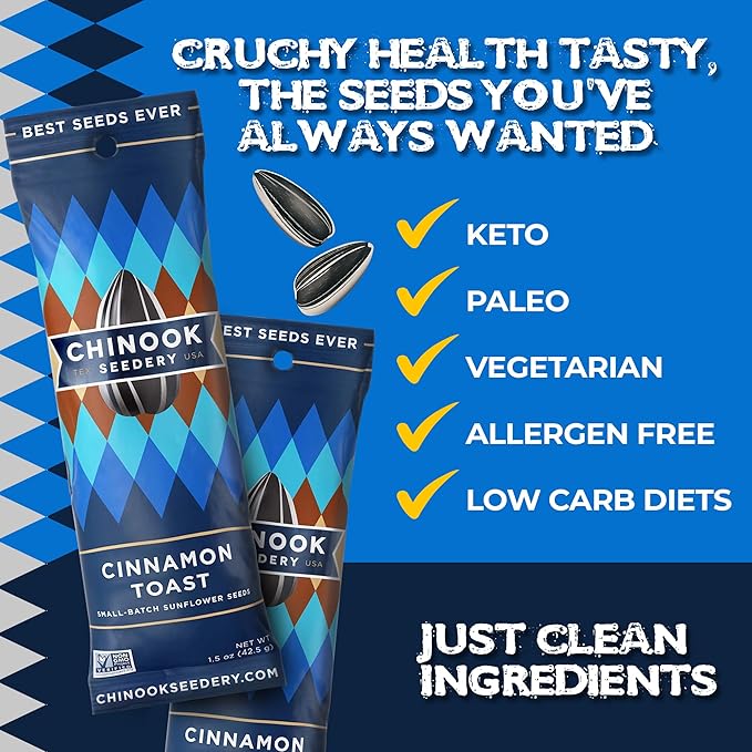Chinook Seedery Roasted Sunflower Seeds to Eat - 1.5 oz (Pack of 36) Cinnamon Toast - Jumbo Low