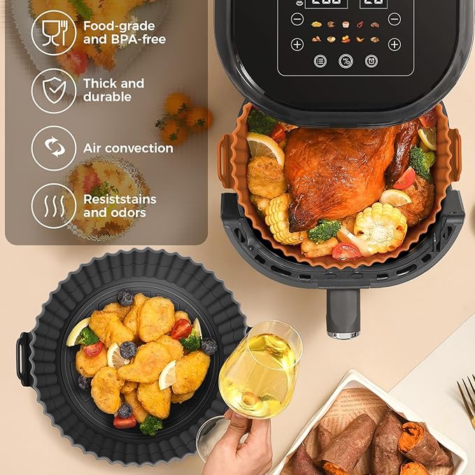 Beauty 3 Pack Air Fryer Liners - 8 Inch Silicone Pot, Reusable Food Grade, Baking Basket