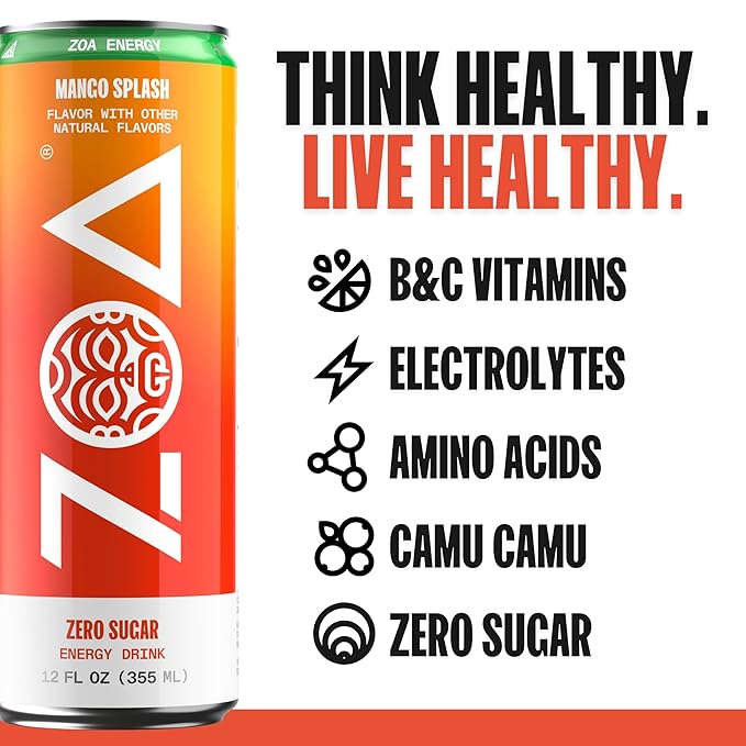 ZOA Zero Sugar Energy Drinks, Mango Splash - Sugar Free with Electrolytes, Healthy Vitamin C, Amino