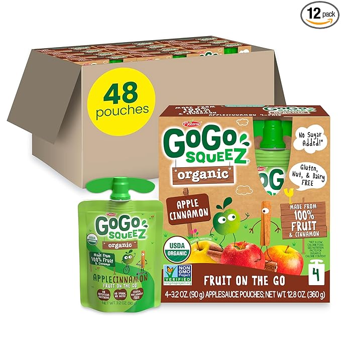 GoGo squeeZ Organic Applesauce and Fruit Puree, Apple Cinnamon, 3.2 oz (Pack of 48), Unsweetened