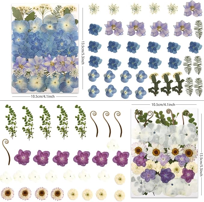 LUXEEASE 140 Pcs Dried Pressed Hydrangea Flowers for Crafts, Real Natural Blooms in Blue, Pink &