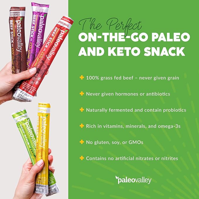 Paleovalley 100% Grass Fed Beef Sticks - Delicious Gluten Free Beef Snack - High Protein Keto