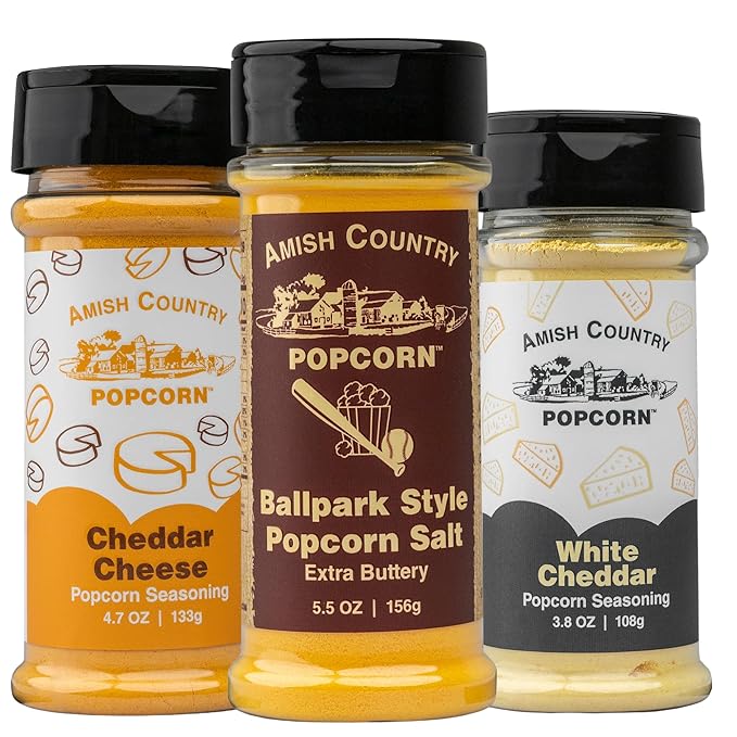 Amish Country Popcorn | BallPark Style Buttersalt - 5.5 oz, Cheddar Cheese - 4.7 oz & White Cheddar