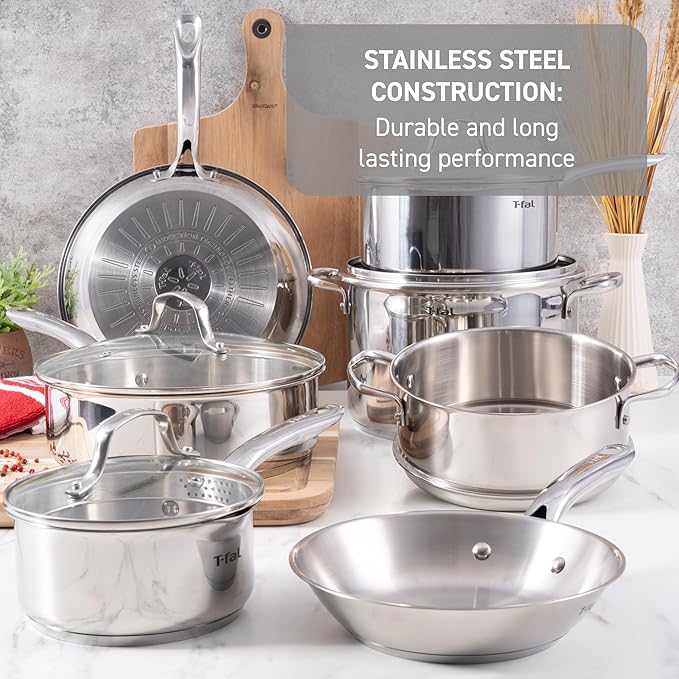 T-fal Stainless Steel Cookware Set 11 Piece, Induction, Oven Broiler Safe 500F, Kitchen Cooking Set