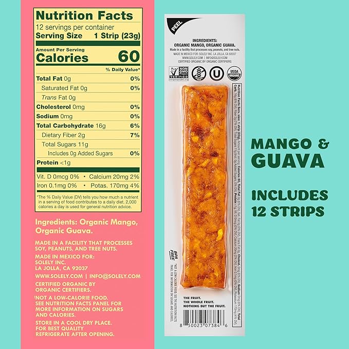 SOLELY - Organic Mango Guava Fruit Jerky - 12 Individually Wrapped Strips (12-Pack) - Fruit Leather