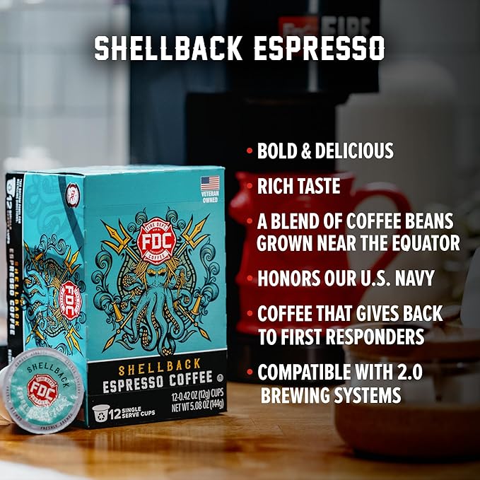 Fire Department Coffee - Gives Back to Firefighters - Bold & Smooth Shellback Espresso Coffee Pods